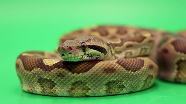 Brown Patterned Snake Coiled Gracefully on a Vibrant Green Background, Capturing its Detailed Scales and Calm Demeanor in a Studio Setting