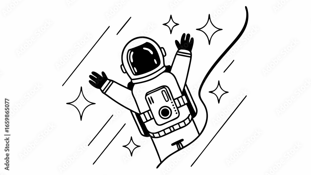 Poster an astronaut floating in space surrounded by stars and lines with a black and white aesthetic style