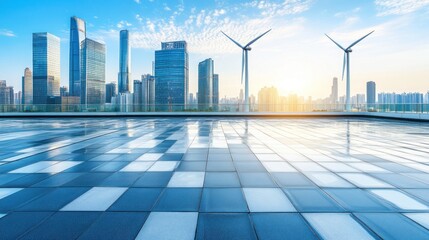Panoramic view of modern city skyline with wind turbines at sunrise creating an eco friendly