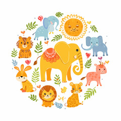 Cute Cartoon Animal Circle Adorable Wildlife Illustration with Elephant, Lion, Tiger, and Rabbit for Children's Decor