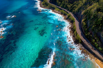 coastal highway next to ocean waves aerial view