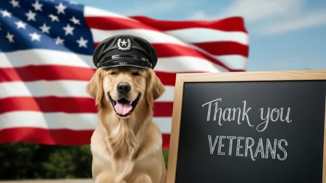 Patriotic Golden Retriever Salutes Veterans with American Flag Background Celebration and Gratitude
