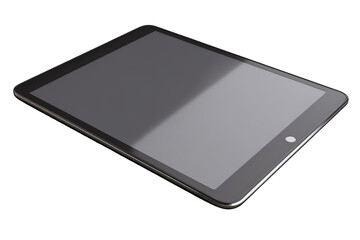 Sleek tablet device, black with silver trim, angled perspective on black background