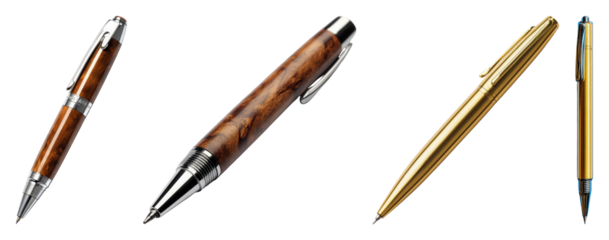 A collection of four writing instruments two wood and metal pens and two gold metal pens transparent background