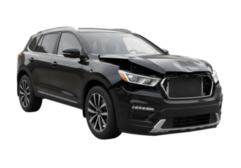 Damaged black SUV, front-end collision aftermath, insurance claim visuals, car accident, vehicle repair needs, safety concerns, automotive crash, transport failure