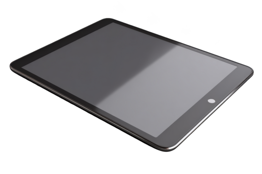 Sleek tablet device, black with silver trim, angled perspective on black background - Powered by Adobe