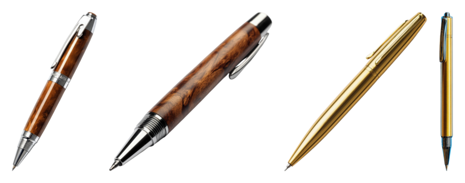A collection of four writing instruments two wood and metal pens and two gold metal pens transparent background