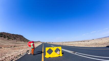 Travel Highway Vehicles Construction Stop Go Wide Dry Landscape