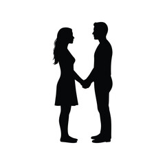 Silhouette of a couple holding hands standing together looking at each other vector