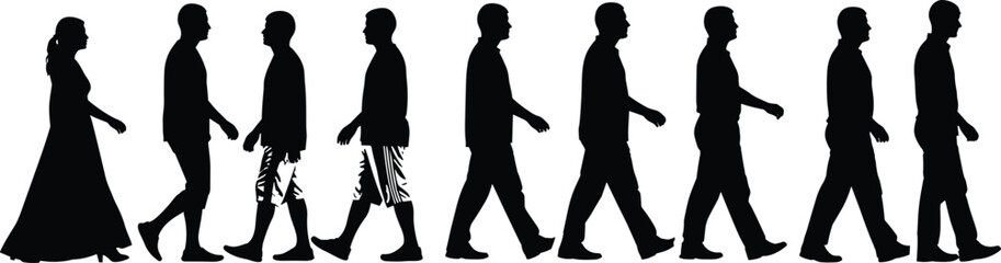 Silhouette of people walking in sequence, woman and men in various outfits, human evolution, walking cycle concept, isolated vector illustration