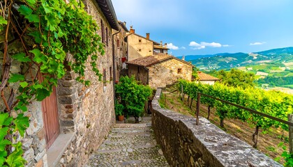 Stone buildings and vineyards in a picturesque village.