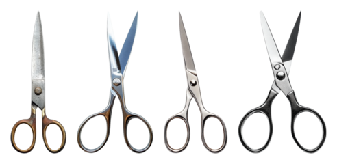 Four pairs of scissors varying in style and age displayed against a black transparent background