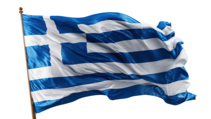 Waving blue and white Greek flag with a wooden pole