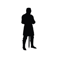 Silhouette of a medieval knight standing proudly holding a sword vector