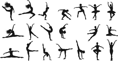 Silhouettes of ballet dancers in diverse poses, performing classical and modern styles, black isolated figures on white background, elegance and motion concept