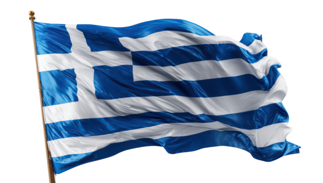 Waving blue and white Greek flag with a wooden pole