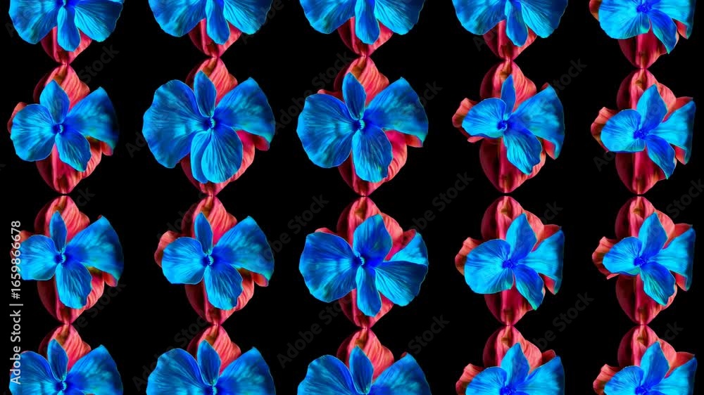 Poster vibrant blue petals seamlessly animated against a black background, creating a hypnotic and mesmeriz