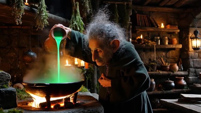 A mysterious witch sorceress, with wild white hair, carefully pours a vibrant green potion into a cauldron, creating a glowing brew that fills her magical, candlelit lair with an ethereal glow.