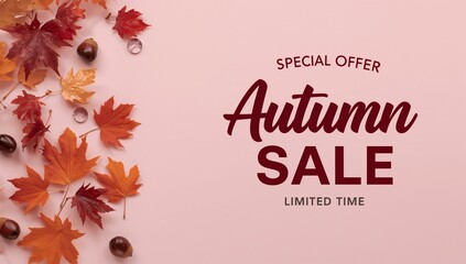 Autumn sale special offer with maple leaves and chestnuts on pink background