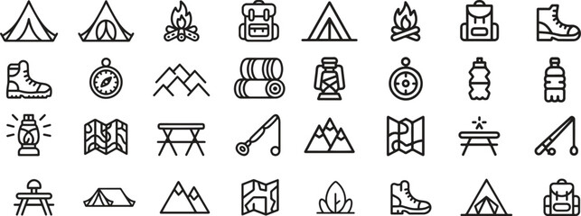Collection of Camping and Outdoor Line Icons. Tent, Bonfire, Backpack, Adventure. Editable Stroke. Vector Illustration