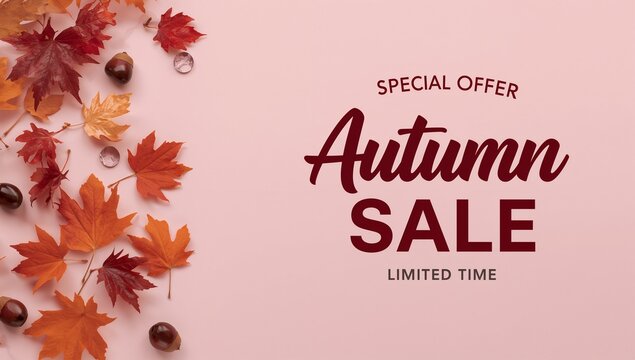 Autumn sale special offer with maple leaves and chestnuts on pink background