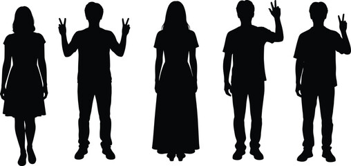 Silhouettes of men and women making peace signs with one or both hands, standing in casual and formal outfits, black isolated figures on white background