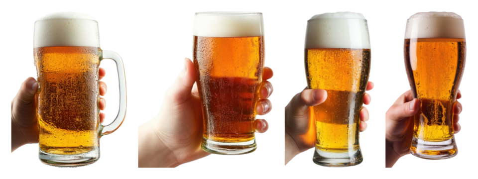 Four hands holding glasses of cold beer with frothy heads for drink beverage transparent background - Powered by Adobe