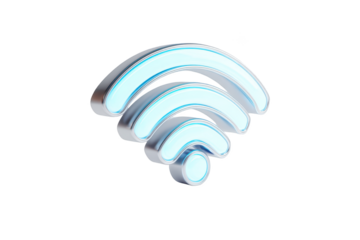Silver, glowing Wi-Fi symbol with blue highlights on black background