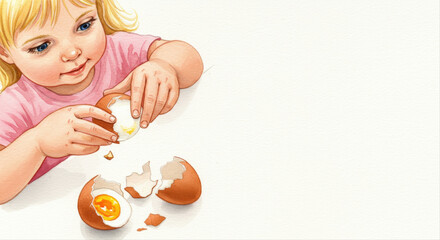 Little child peeling boiled egg with a smile indoors  