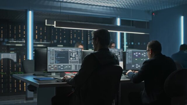 Team of IT Programers Working on Desktop Computers in Data Center Control Room. Young Professionals Writing on Sophisticated Programming Code Language