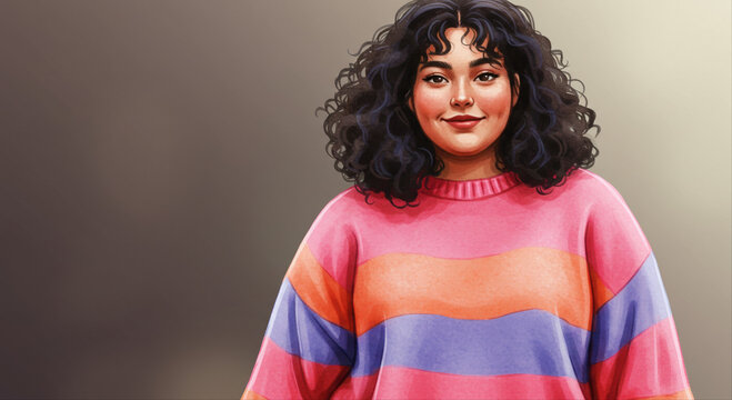 plus size girl, young woman with curly hair smiling in colorful striped oversized sweater  