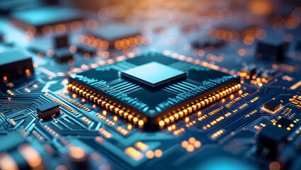 A closeup of a microchip showcasing the intricate details of modern electronic technology and engineering