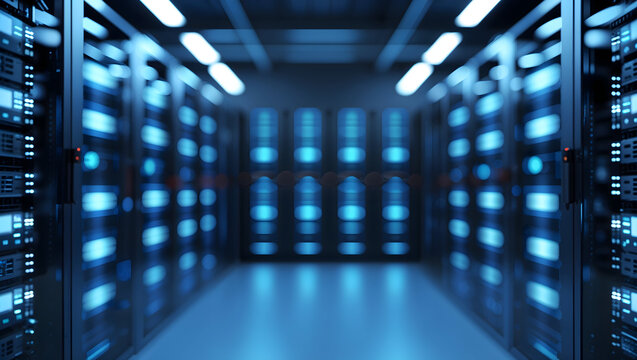 A server room with rows of computer racks and blue lights, representing data storage and network infrastructure