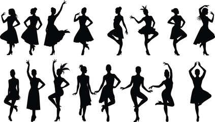 Silhouettes of stylish female dancers in vintage dresses and heels, performing graceful poses, black isolated figures on white background, elegance conceptSilhouettes of stylish female dancers in vint