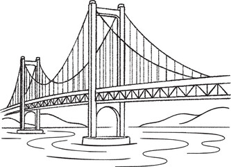 Fototapeta premium Suspension bridge line drawing over river with towers and cables
