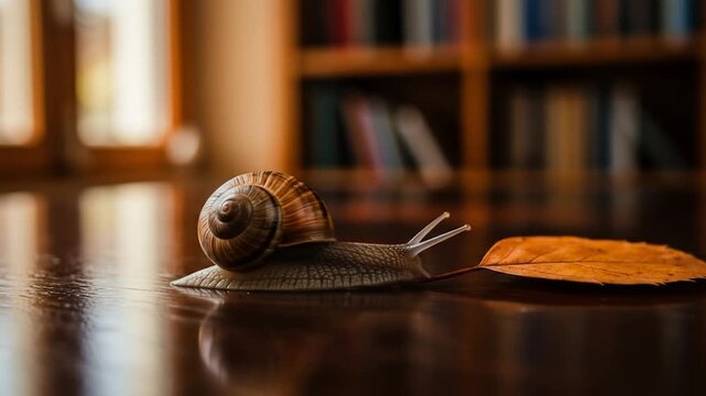 Snail with shell and leaf close up macro image