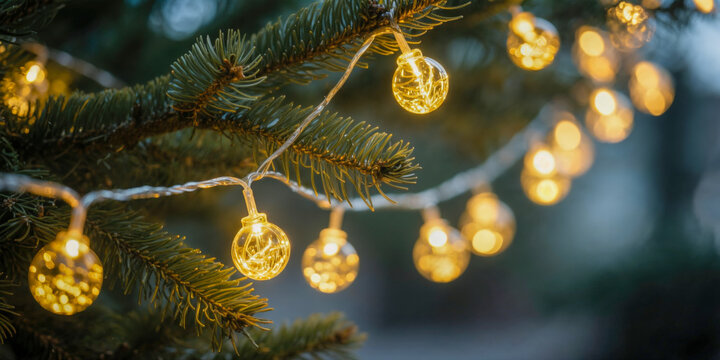 Warm glowing holiday lights on pine tree branch in winter, Christmas and New Year celebration - Powered by Adobe