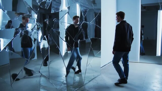A man walks through a fractured reflective wall, multiple reflections abound