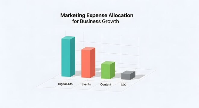 A distinctive 3D bar graph comparing marketing expenses  growth in teal and coral bars side-by-side, minimal style with 3D tilt