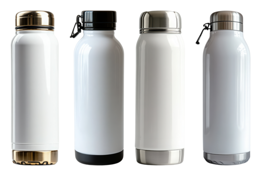 Four modern white reusable water bottles with metallic caps and bases hydration transparent background