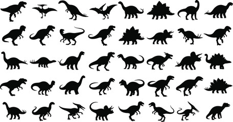 Silhouettes of various dinosaurs in dynamic poses, including T-Rex, Stegosaurus, Triceratops, Brachiosaurus, and Pterodactyl, black isolated icons on white background