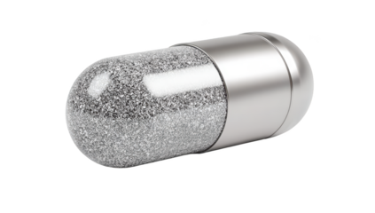 Shiny, metallic capsule with crystalline contents, perfect for medical or scientific visualization