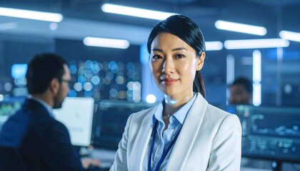 Confident woman in tech office.