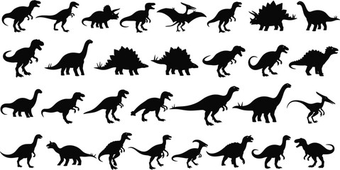 Silhouettes of various dinosaurs in dynamic poses, including T-Rex, Stegosaurus, Triceratops, Brachiosaurus, and Pterodactyl, black isolated icons on white background