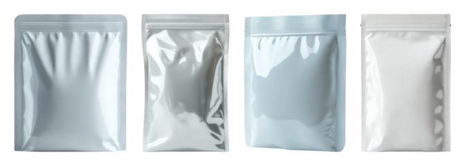 Four assorted empty resealable pouches with a metallic sheen and ziplock closure transparent background