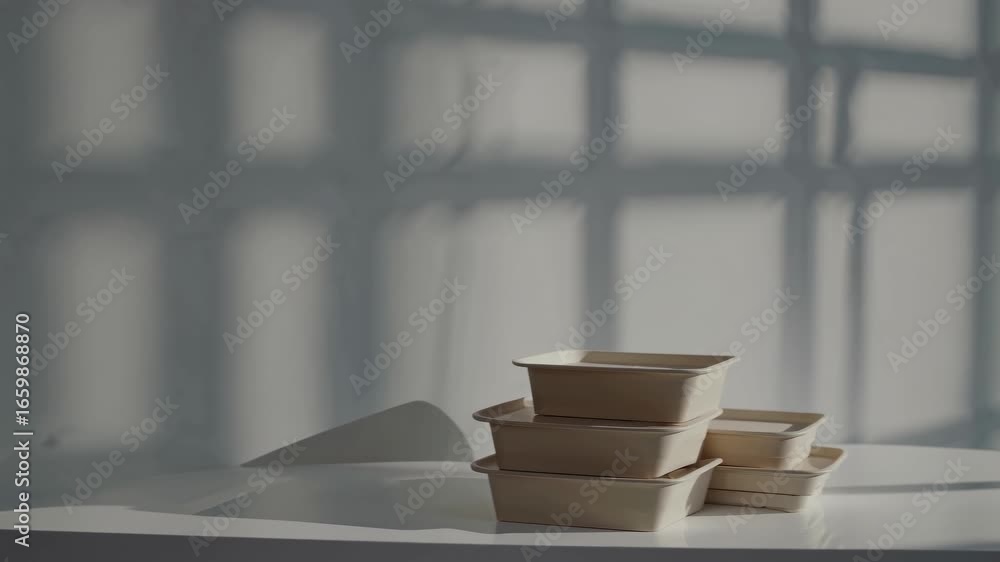 Aufkleber minimalist scene featuring wooden boxes on a white table with grid shadows creating an artistic text
