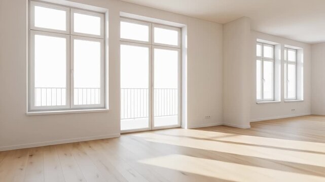 A slow zoom into a bright empty modern apartment room with large windows sunlight streaming in and casting shadows on the wooden floor