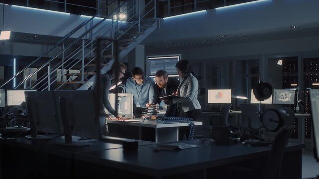 Engineers and Scientists Gather at a Workstation, Observing a 3d Printer and Reviewing Technical Data on Nearby Monitors. Specialists Examine Digital Models, Focusing on Engineering Tasks and Product