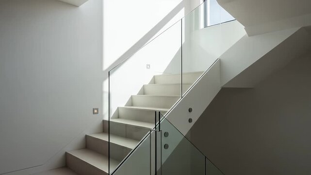 Sunlight casts moving shadows across a modern minimalist white staircase with a glass balustrade in a contemporary home interior time lapse