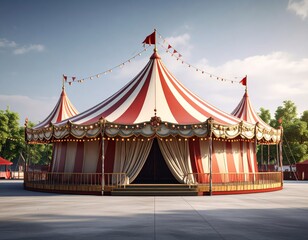 Large circus tent standing in a park setting